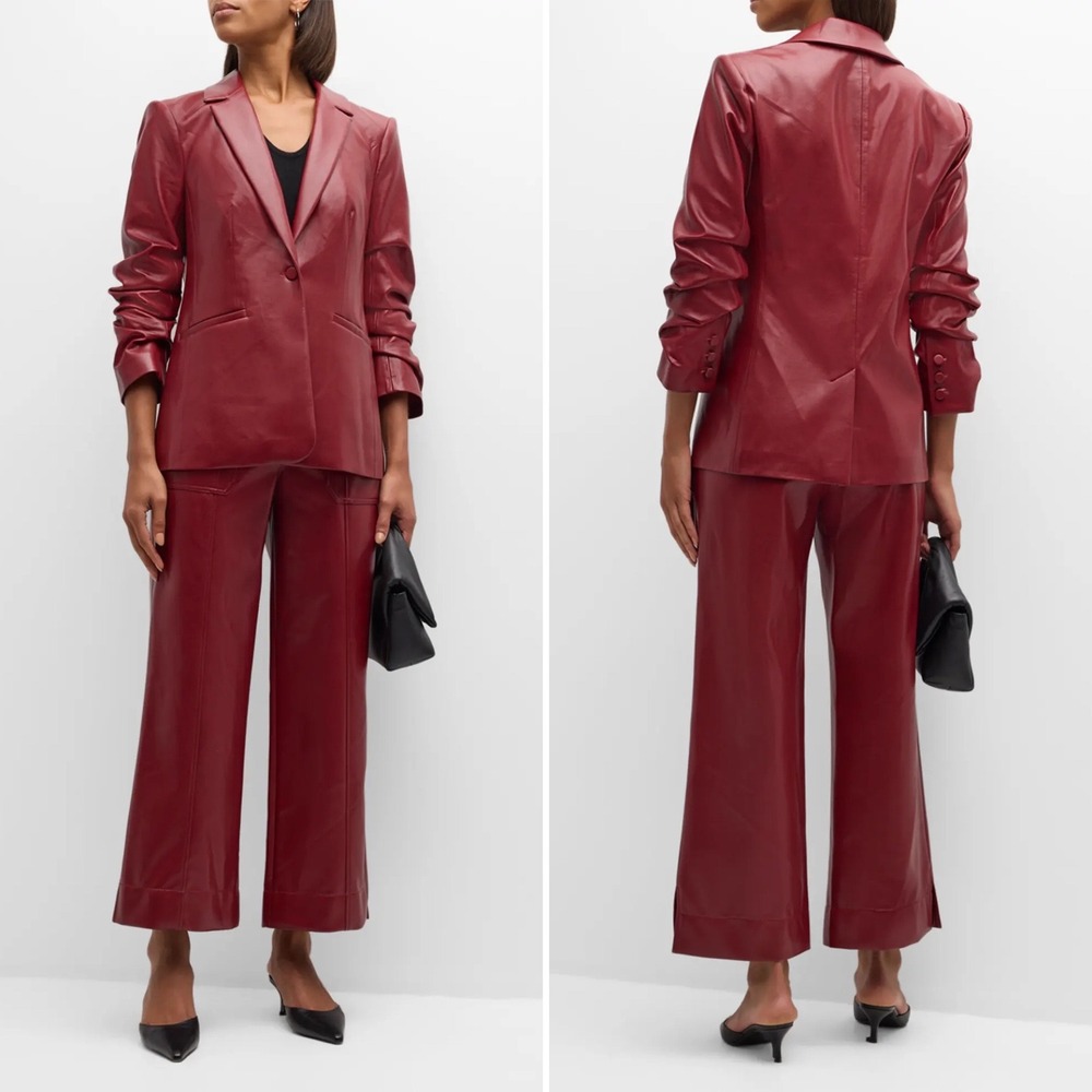NWT Cinq a Sept Kylie Vegan Leather Jacket Sz 0 Rhubarb Red Ruched Sleeve Blazer - Picture 5 of 16